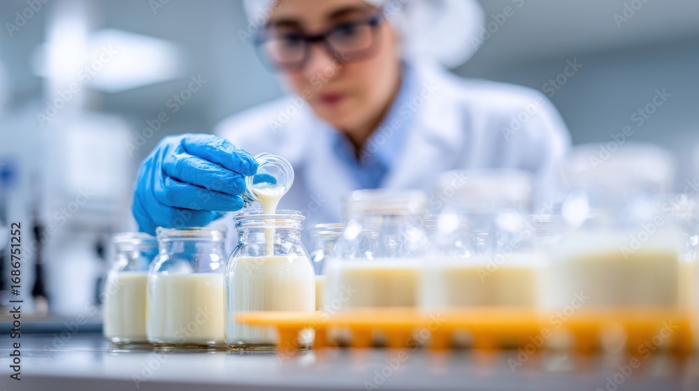 Poster quality control expert in a lab coat carefully collecting milk samples in sterile containers with th