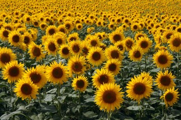 A bright yellow field of sunflowers blooms under a sunny blue sky, a beautiful summer landscape.