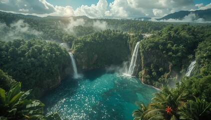 Lush emerald jungle cliffs with waterfalls plunging into turquoise lagoon, mist rising, cinematic wide aerial view