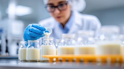 Quality control expert in a lab coat carefully collecting milk samples in sterile containers with the surrounding lab environment out of focus.