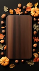 Autumn Harvest Arrangement with Pumpkins, Nuts, and Colorful Leaves Surrounding a Wooden Board
