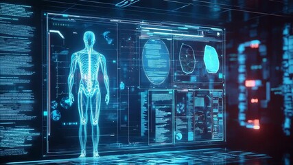 Futuristic interface showing human body scan and medical data analysis - Powered by Adobe