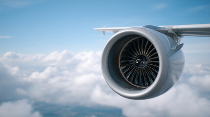 A close-up of an aircraft jet engine turbine against a blue sky with clouds, jet engine, aircraft technology, aviation power, sky backdrop, engineering marvel