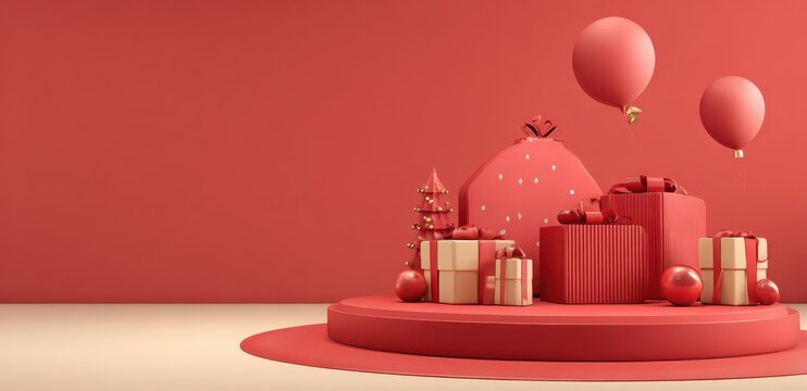 Merry christmas poster  3 3d rendering of a red podium with gift boxes on a white background for a christmas and new year's celebration concept