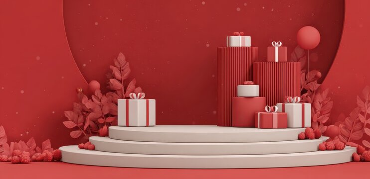 3d rendering of a red podium with gift boxes on an isolated background. new year and christmas concept, advertising design illustration, minimalist style, award-winning photography works, high-quality