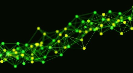 Abstract glowing green and yellow digital network connection on a black background.