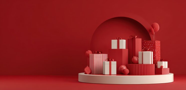 Merry christmas poster 3d rendering of a christmas background with red gift boxes and decorations on a dark red color backdrop, a mockup design for product presentation, close-up view