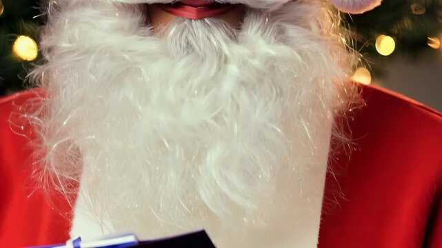 Santa Claus sits in the warehouse of his factory and keeps a record of gifts. Warehouse of gifts of Santa Claus. Accounting and distribution Christmas gifts for all children on the planet.