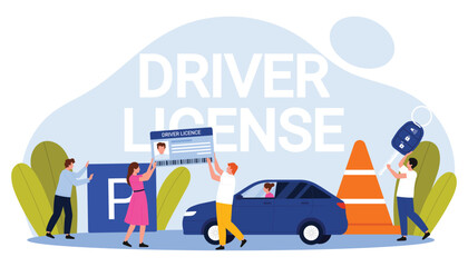 People holding driver license, car keys, and parking sign with a car and traffic cones, representing driving test and license process, isolated on white background vector illustration