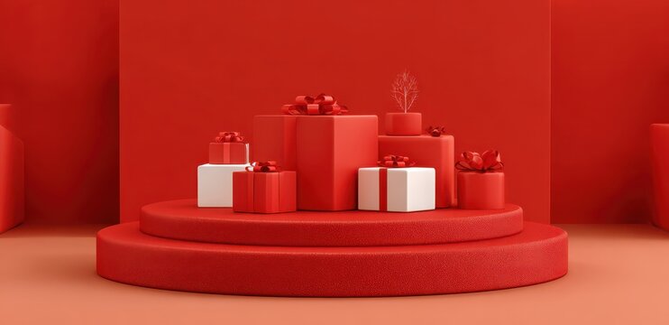 3d rendering of gift boxes on a podium with balloons and decorations for a chinese new year celebration background. christmas present box mockup in a red color tone, with copy space