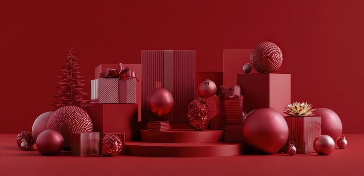 3d rendering of gift boxes on a podium with balloons and party decorations for a christmas or new year's illustration background. christmas concept design. red color theme, pastel colors, photorealist