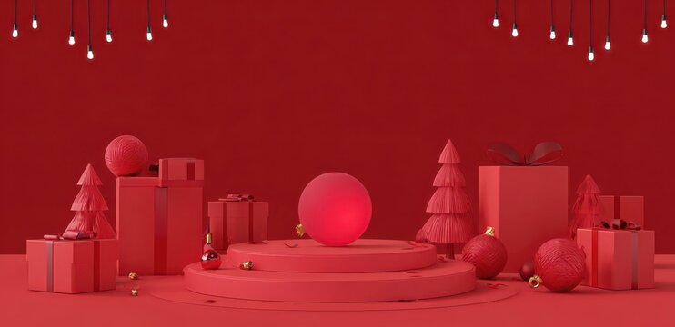 Merry christmas poster 3d rendering of gift boxes on a podium with balloons and decorations for a new year celebration background, in a minimalist style with a red color theme, leaving space for copy