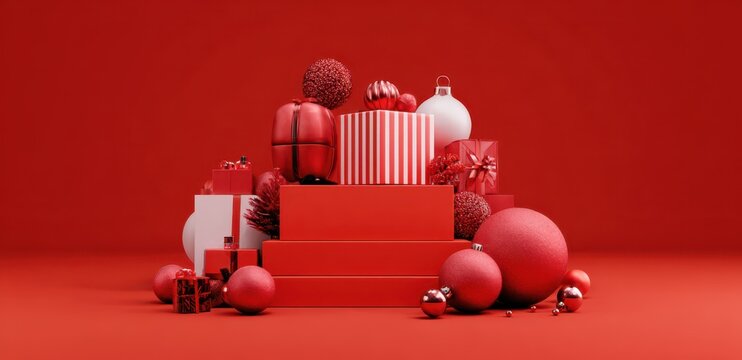 Merry christmas poster  Red theme, red and gold color scheme, red gift box, gift boxes, new year's goods, new year's sales banner, banner, promotional materials