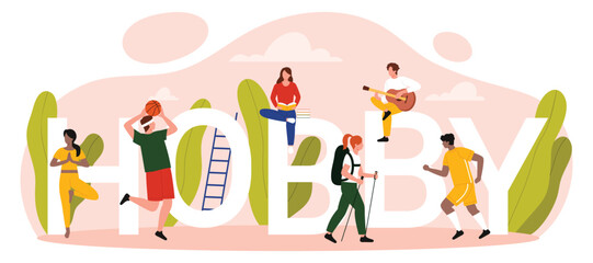 Active tiny people playing sports, reading, hiking, and playing guitar around large hobby letters, representing diverse leisure activities and interests, isolated on white background vector