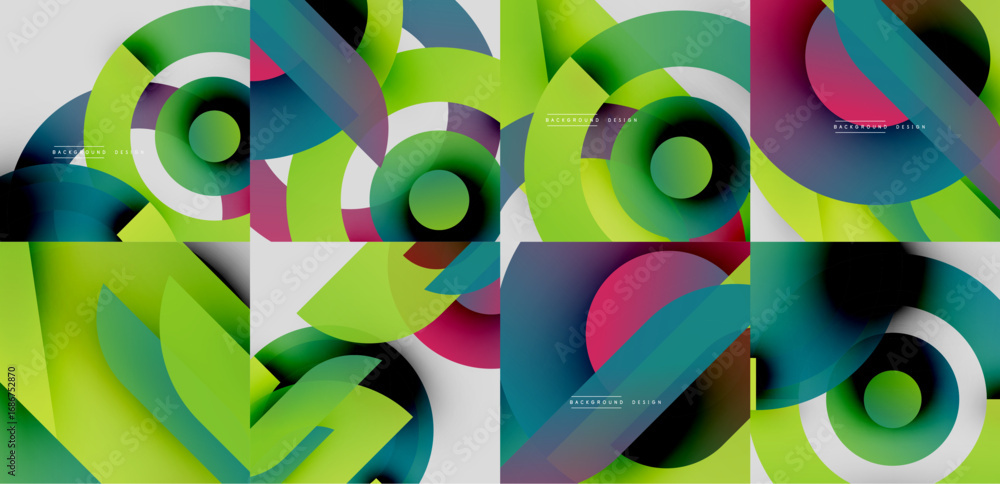 Poster abstract colorful designs feature overlapping circles, curves. vibrant gradients create dynamic visu