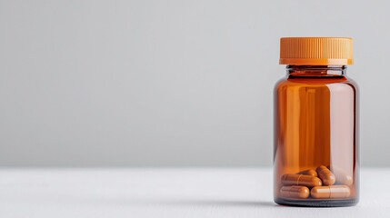 A clear, amber bottle filled with capsules, set against a simple gray background, emphasizing the importance of medication storage.