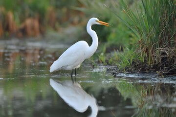 Fototapeta premium White egret in shallow water, reflection visible.