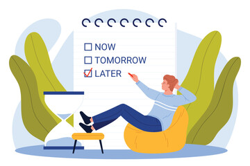 Man lounging on bean bag chair checks off later on to-do list concept of procrastination time management delay productivity motivation reminder vector illustration