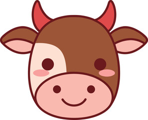 Adorable cartoon cow face illustration, cute farm animal head, smiling cow vector design, kawaii animal clipart, children artwork, mascot drawing