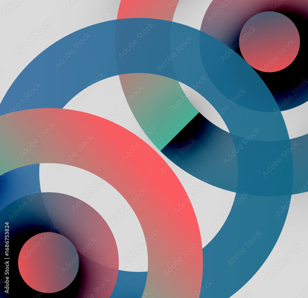 Poster abstract composition. overlapping circles create dynamic visual effect. colors blend, forming gradie