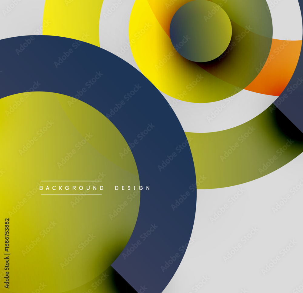 Poster abstract geometric composition. overlapping circles create dynamic visual effect. colors include yel