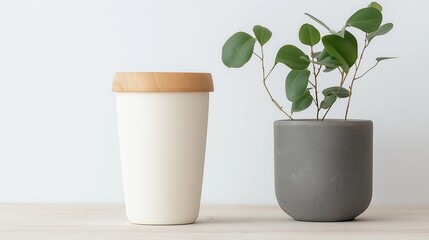 Stylish Eco-Friendly Coffee Cup Beside Elegant Potted Plant on Minimalist Wooden Table
