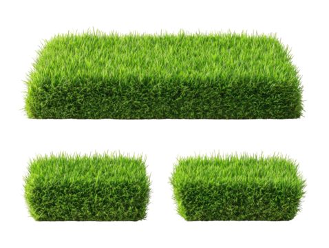 Four rectangular blocks of dense, vibrant green grass