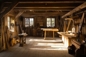 Warm sunlight illuminates a rustic woodworking shop filled with tools and wooden materials