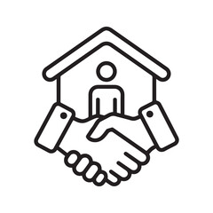 Obraz premium Real estate deal icon with handshake and house. Property sale agreement line symbol. Vector illustration. 
