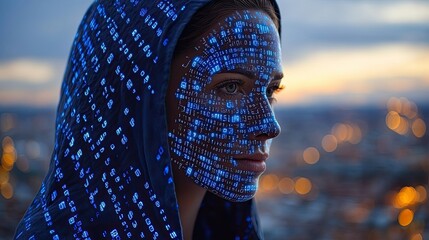 Futuristic portrait of a woman with digital code projection against city backdrop