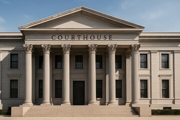 Obraz premium Majestic Courthouse: A symmetrical architectural marvel, symbolizing justice and order, stands proudly, its neoclassical facade an emblem of legal authority.