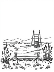 Minimilist a serene lakeside view with a bench and ladder under a clear sky with distant mountains in the horizon vector