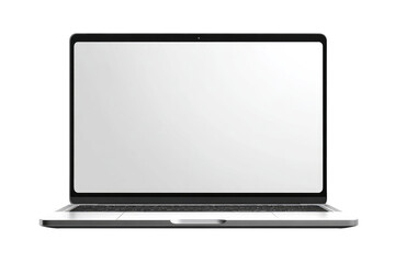 Front view of a modern laptop computer.  Blank screen.  Silver/gray chassis