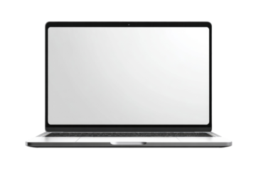 Front view of a modern laptop computer.  Blank screen.  Silver/gray chassis