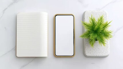 Aesthetic Minimalist Workspace Setup with Notebook, Smartphone, and Green Plant on Marble Surface

