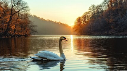 Graceful swan swimming on a tranquil lake during a golden sunset creating a serene and majestic