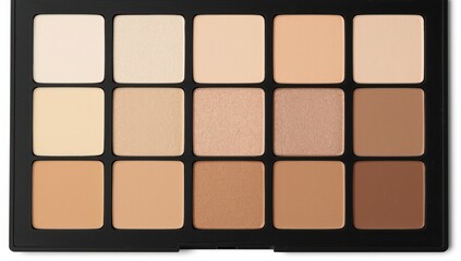 A comprehensive makeup palette showcases a range of neutral and warm tones for face application.