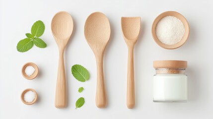 Beautiful Wooden Kitchen Utensils Arranged Aesthetically with Fresh Green Leaves and Natural Ingredients

