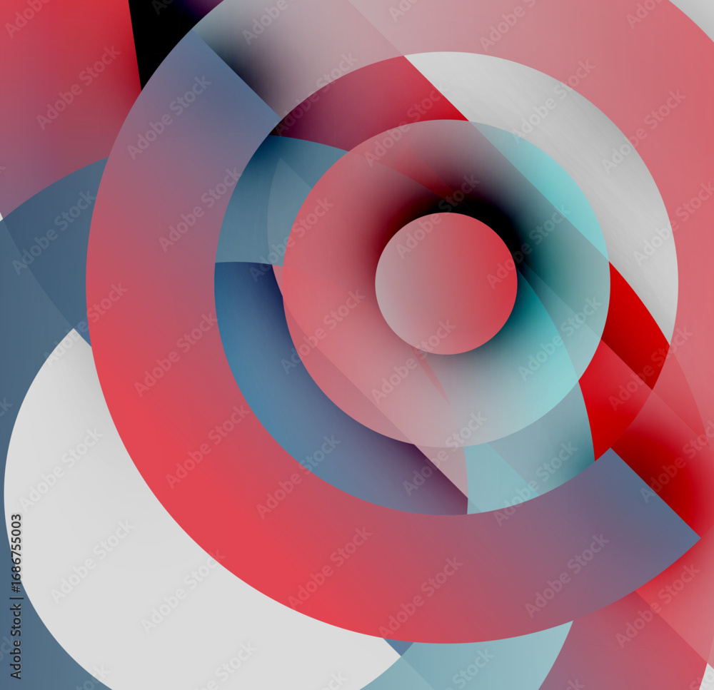Aufkleber abstract design features concentric circles, vibrant reds, blues, whites. overlapping shapes create 