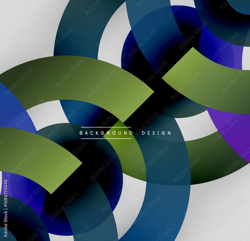 Poster abstract circles overlap, creating dynamic visual effect. green, blue, white hues dominate compositi