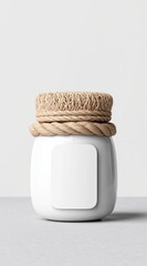 Modern White Jar with Natural Twine Lid on Minimalist Background Evoking Simplicity and Elegance
