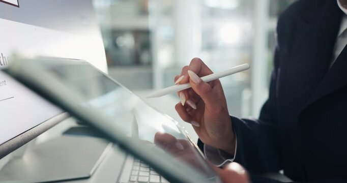 Hands, business and person writing on stylus for email, incident report and compliance form. Closeup, woman and tablet for insurance claim, risk assessment and policy coverage for client application