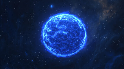 Obraz premium A vibrant blue planet surrounded by a starry background, showcasing interconnected lines that suggest a network or digital theme.