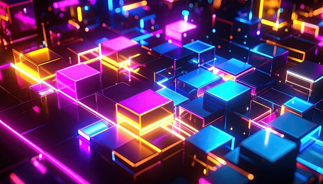 Vibrant Neon Cubes Glitch Background
