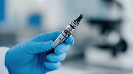 Closeup medium shot of a technician inspecting the electrical components of an ecigarette device with a blurred lab background to emphasize detailed quality control.