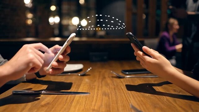 Diner au restaurant et utilisation de smartphones.
