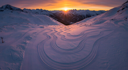 Golden alpenglow illuminates fresh ski tracks on a pristine snowy mountain slope at sunrise