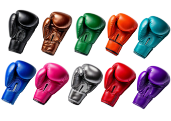 A set of boxing gloves in various colors hang from a hook, ready for use, isolated on a transparent or white background.