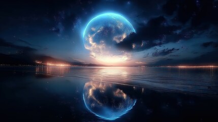 Amazing Blue Moon Rising Over Calm Ocean Waters at Dusk with Stunning Reflections
