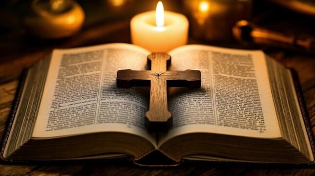 A Bible with a cross lying on it, a candle is burning next to it. 